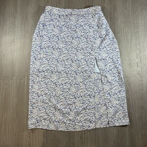 Women’s Mid Length White And Blue Floral Skirt Slit In Front Size Large